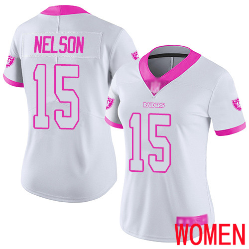 Oakland Raiders Limited White Pink Women J  J  Nelson Jersey NFL Football #15 Rush Fashion Jersey